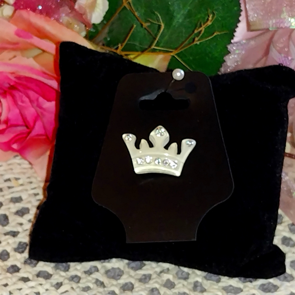 Pearly White Crown w Rhinestone Crystal Lapel Pin Tie Tack Charm New